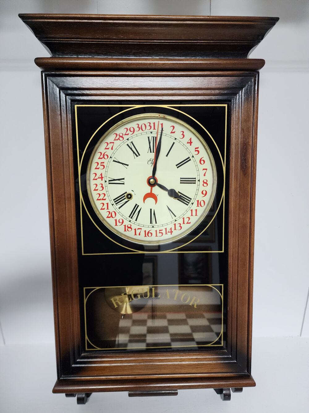 Vintage Elgin Regulator 31 Day Clock Wood Case Brass Pendulum Chimes w/ Key